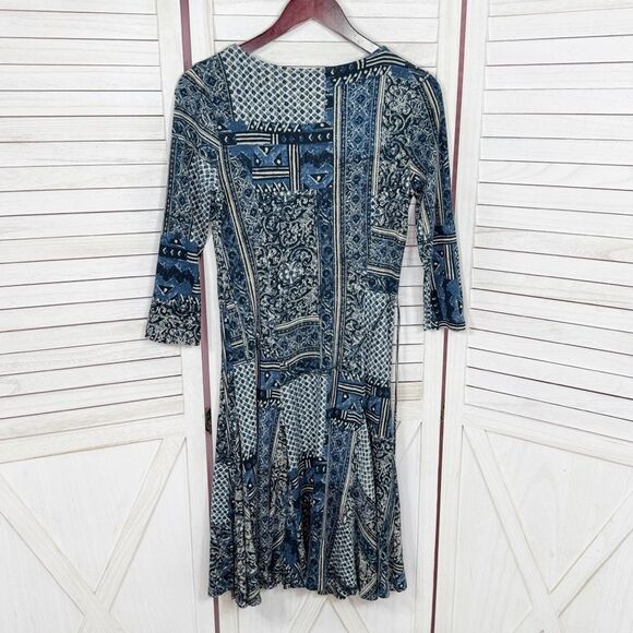 Lauren Ralph Lauren Printed Patchwork Knit Fit Flare Dress Blue Small - Picture 8 of 11